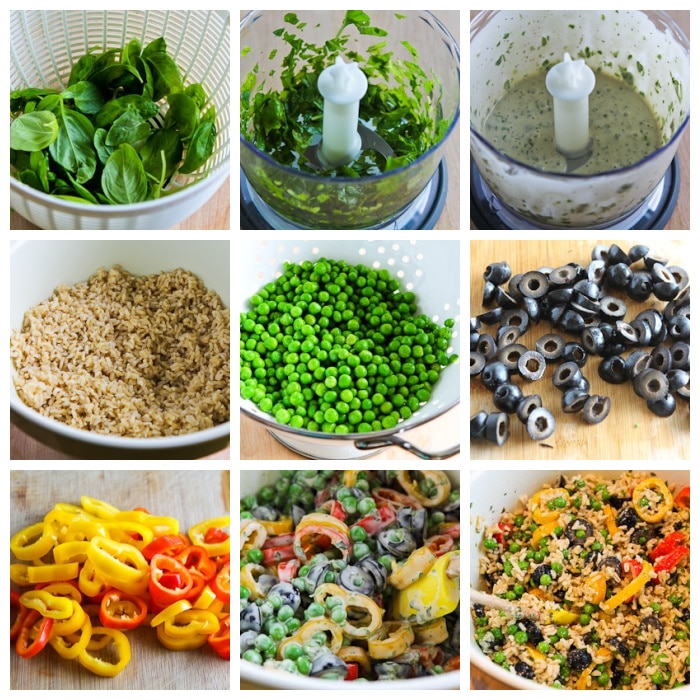 Brown Rice Salad with Basil Vinaigrette process shots collage