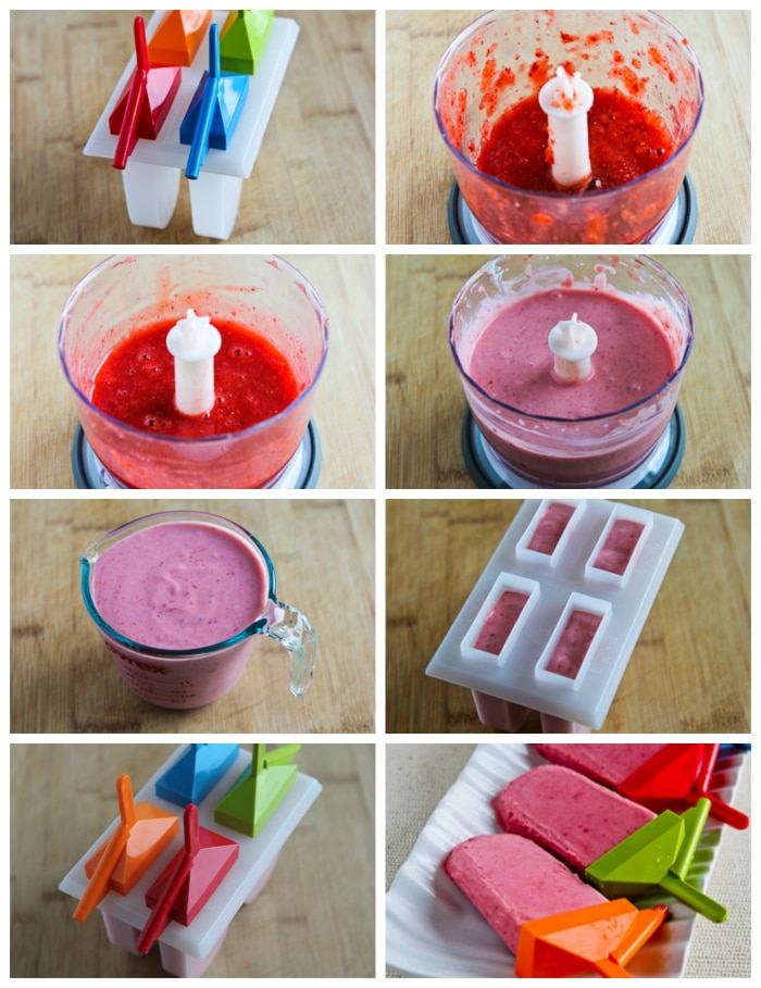 Low-Sugar Strawberry Frozen Yogurt Pops process shots collage