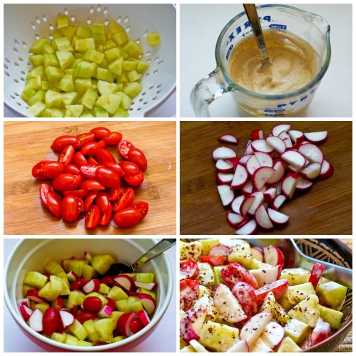 Tomato, Cucumber, and Radish Salad process shots collage
