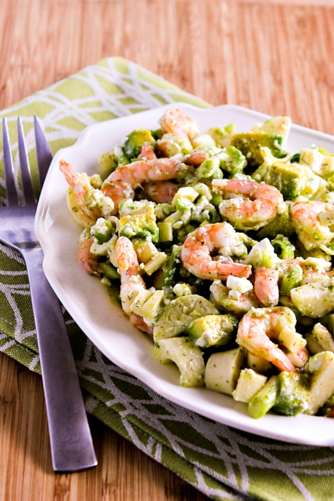 Lemony Shrimp Salad with Avocado, Heart of Palm, and Feta finished salad on plate