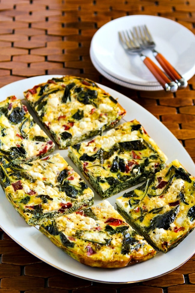 Slow Cooker Frittata with Kale, Red Pepper, and Feta finished frittata on serving plate