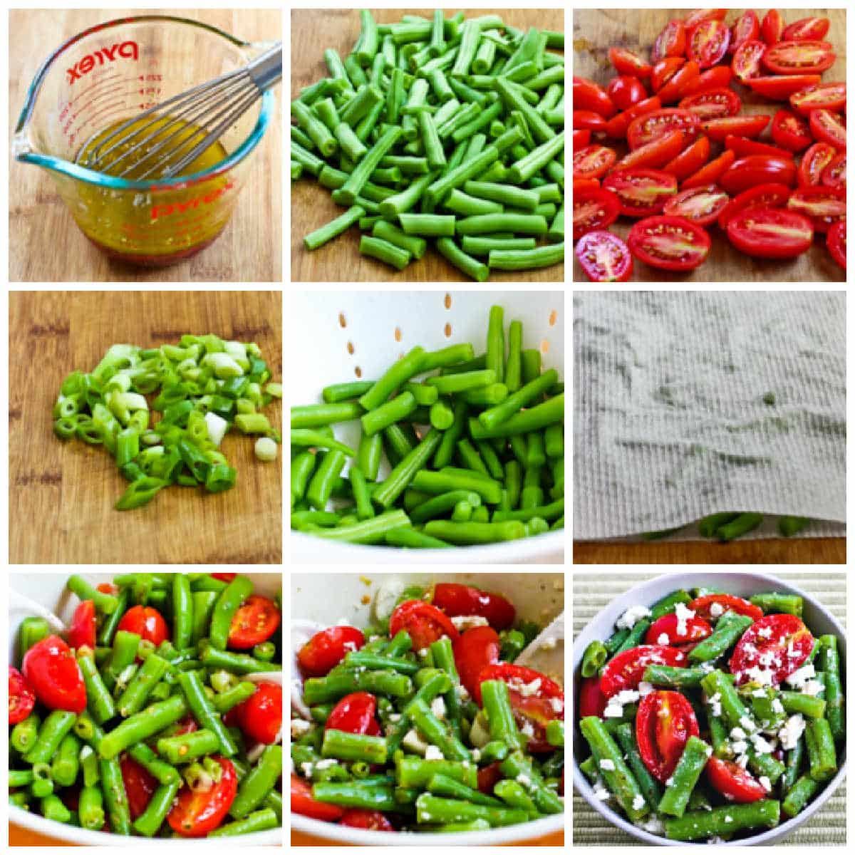process shots collage for Green Bean Tomato Feta Salad