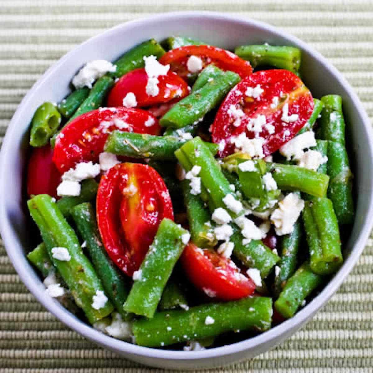 Green Bean Tomato Feta Salad in serving bowl