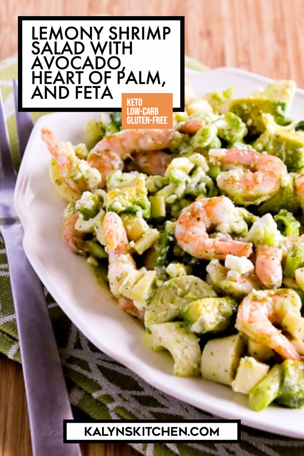 Pinterest image of Lemony Shrimp Salad with Avocado, Heart of Palm, and Feta