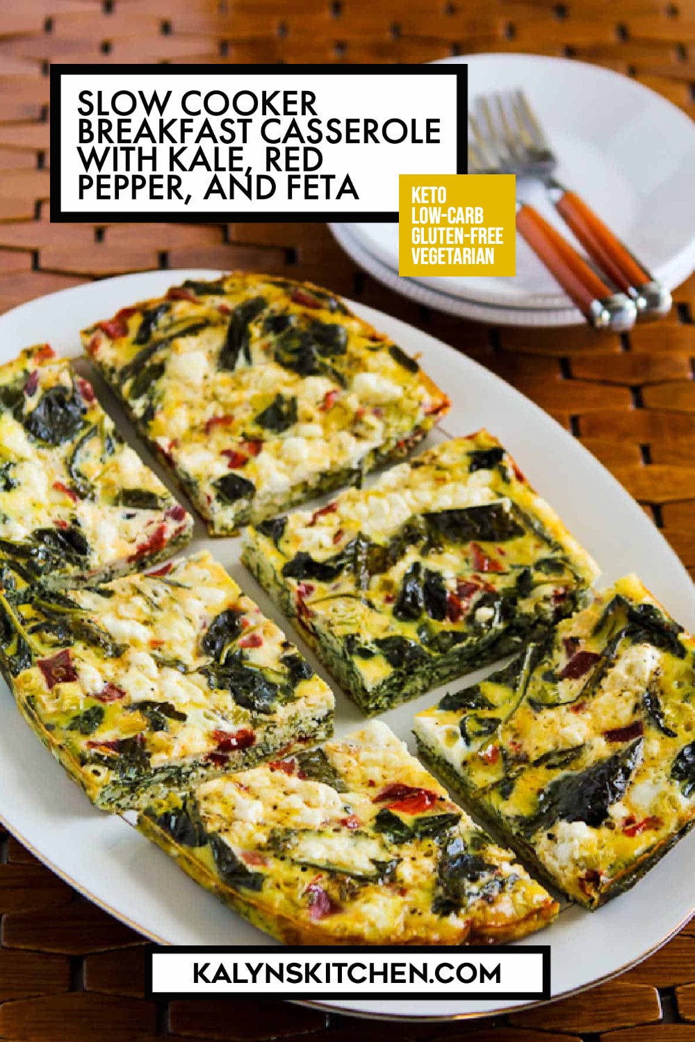 Pinterest image of Slow Cooker Breakfast Casserole with Kale, Red Pepper, and Feta