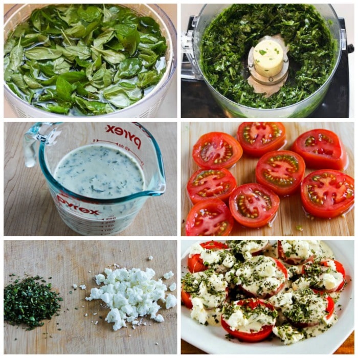 Summer Tomato Salad with Goat Cheese, Basil Vinaigrette, and Herbs process shots collage