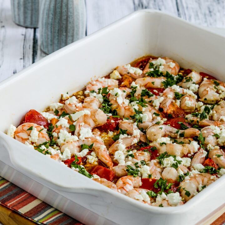 Roasted Tomatoes and Shrimp with Feta close-up of finished recipe in casserole dish