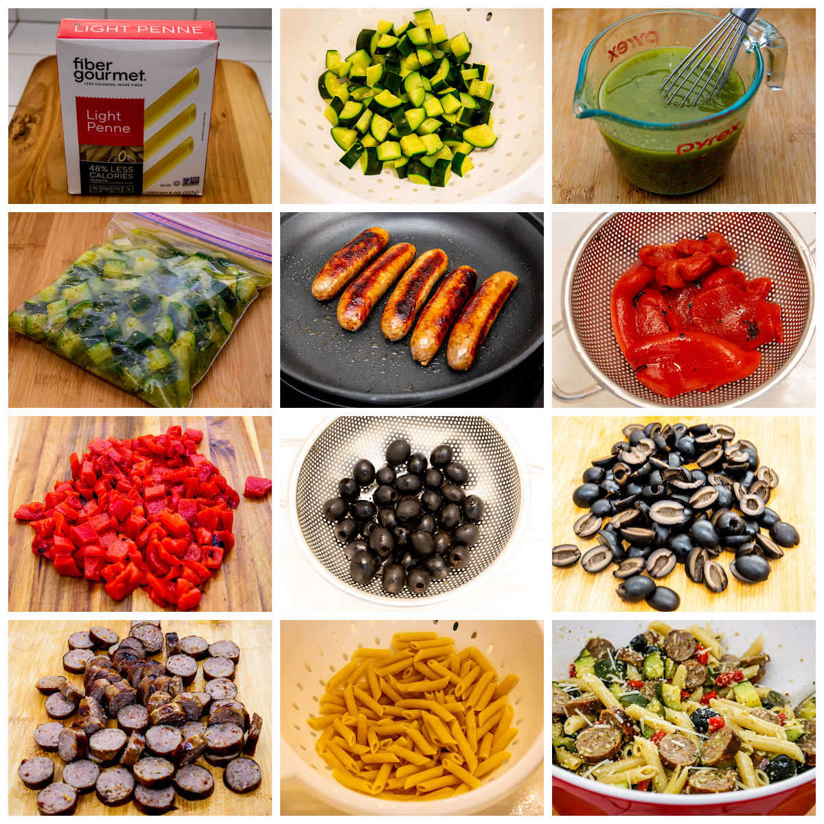 recipe steps collage for Pasta Salad with Sausage, Zucchini, Olives, and Peppers