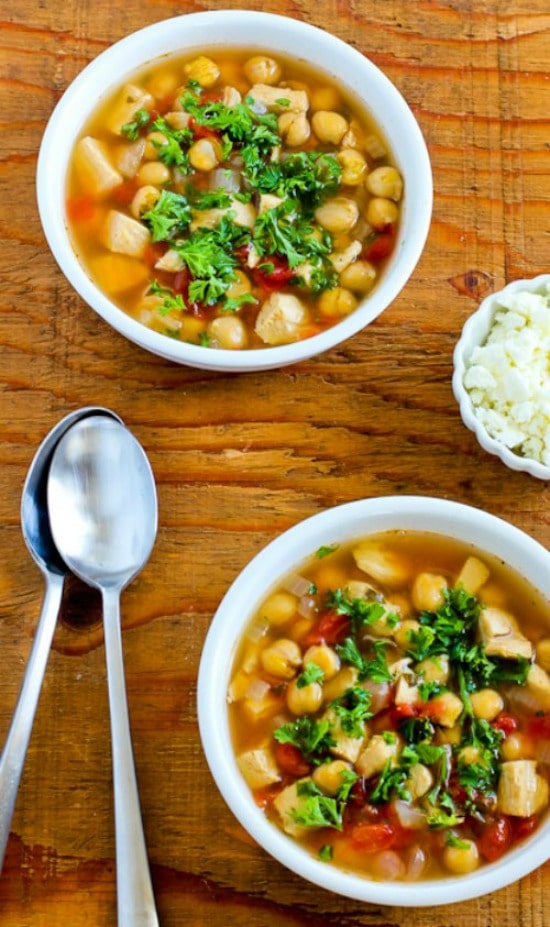 CrockPot Greek Chicken Soup with Garbanzos and Oregano found on KalynsKitchen.com