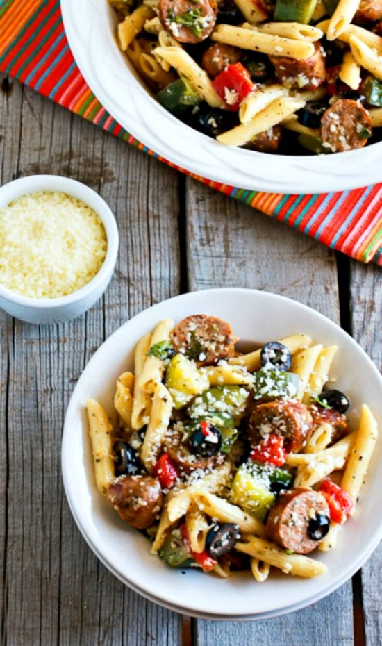 Pasta Salad with Italian Sausage, Zucchini, Red Pepper, and Olives found on KalynsKitchen.com