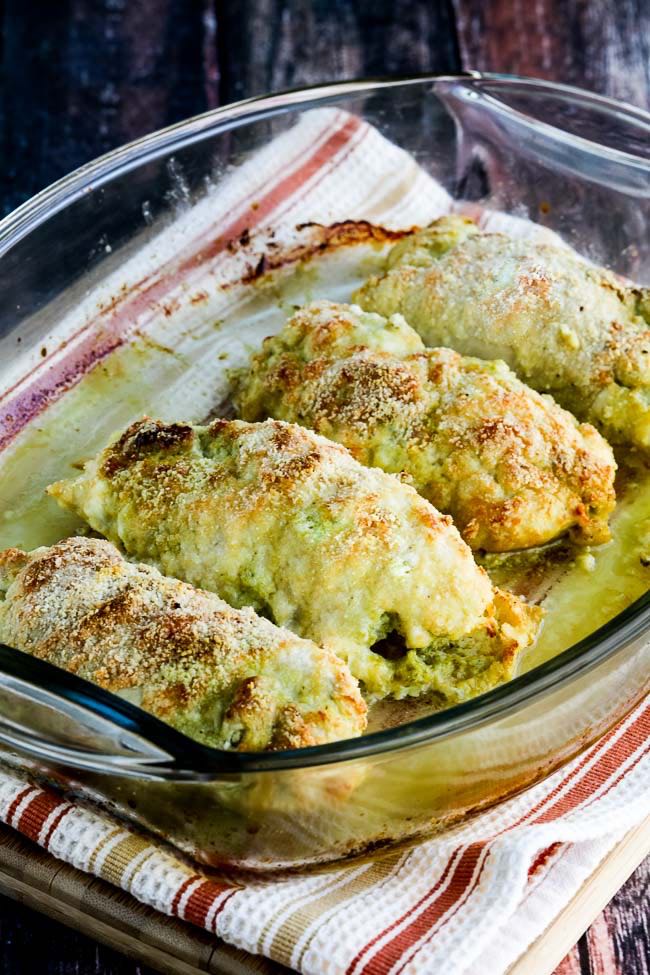 Low-Carb Baked Chicken Stuffed with Pesto and Cheese found on KalynsKitchen.com