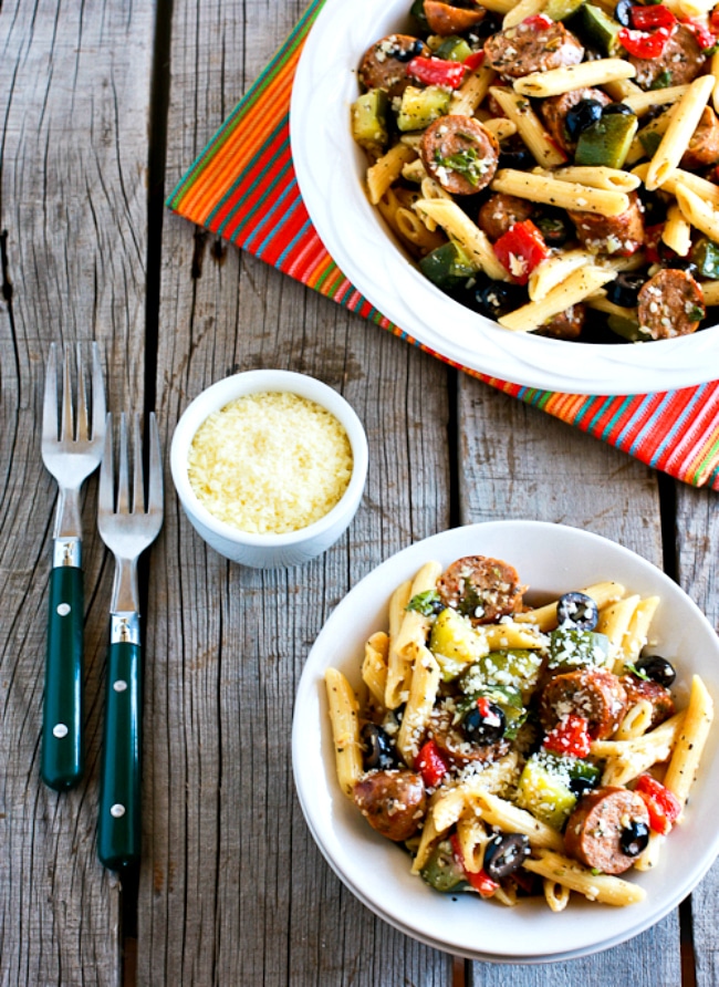 Pasta Salad with Italian Sausage finished salad in bowl and in serving bowl