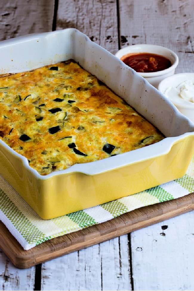 Zucchini and Green Chile Breakfast Casserole close-up photo of finished casserole in baking dish.