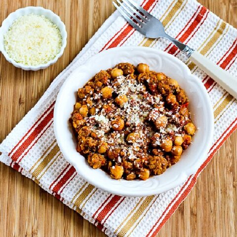 Slow Cooker Chickpea Stew with Italian Sausage finished stew in serving bowl