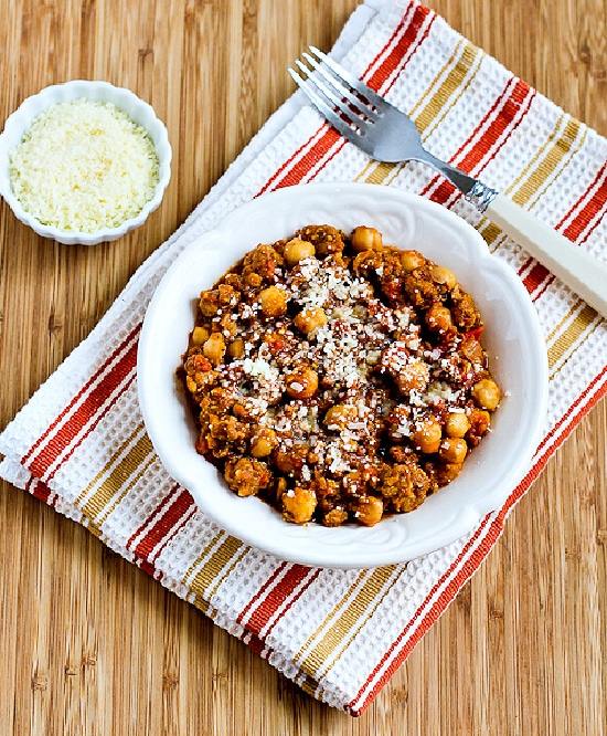 Slow Cooker Chickpea Stew with Italian Sausage finished stew in serving bowl