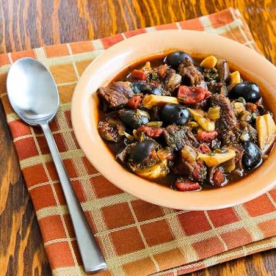 Slow Cooker Mediterranean Beef Stew with Rosemary and Balsamic Vinegar (Low-Carb, Gluten-Free, Paleo) found on KalynsKitchen.com