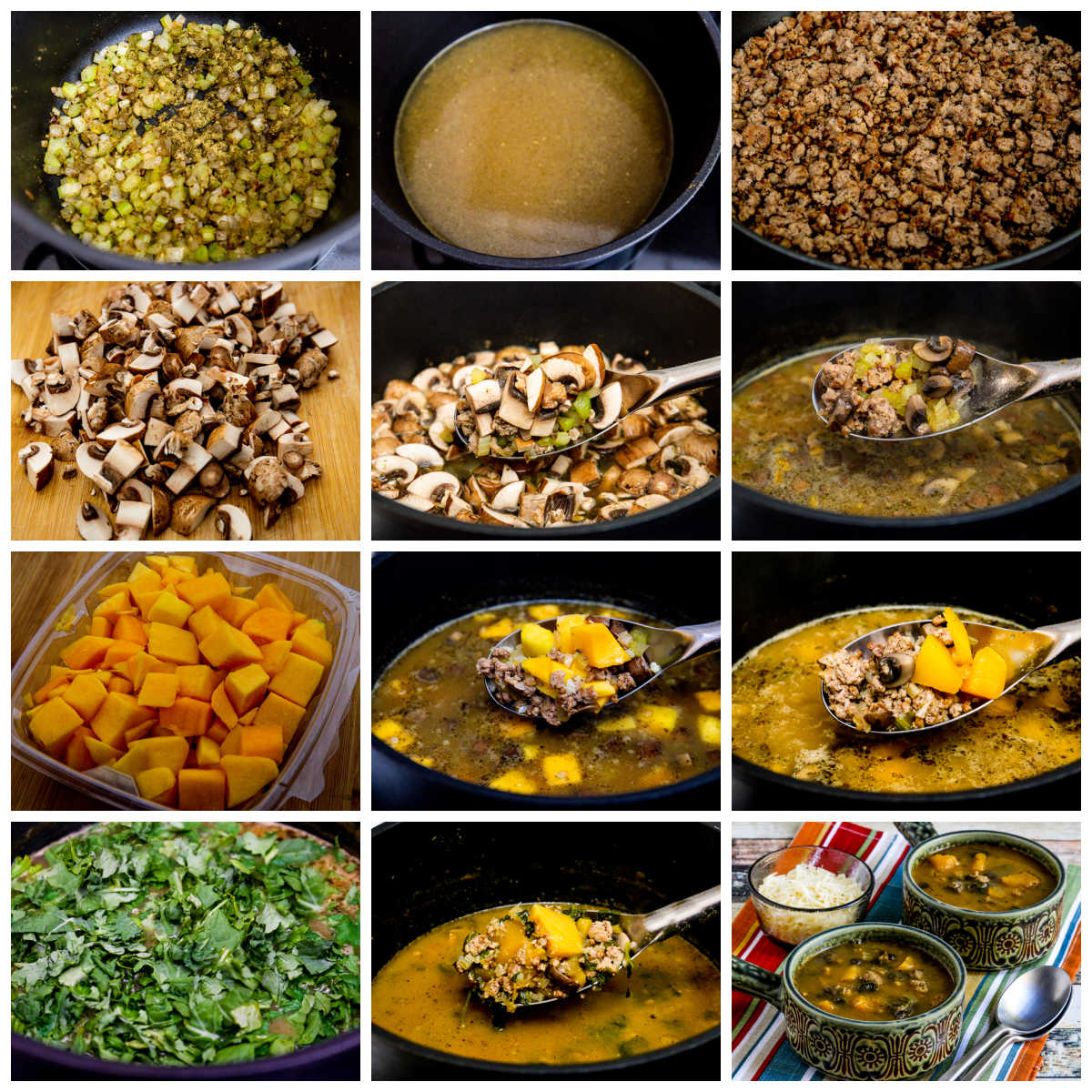 Collage di foto di zuppa di tacchino con cavolo cappuccio, funghi e zucca