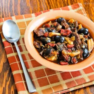 Square image for Mediterranean Beef Stew in serving bowl.