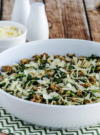 square thumbnail image of Spaghetti with Sausage and Arugula in serving bowl