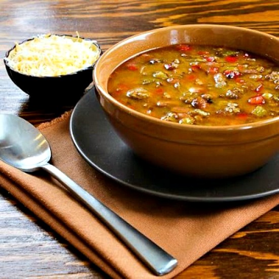 Spicy Slow Cooker soup with Turkey, Pinto Beans, Red Pepper, and Green Chiles [found on KalynsKitchen.com]