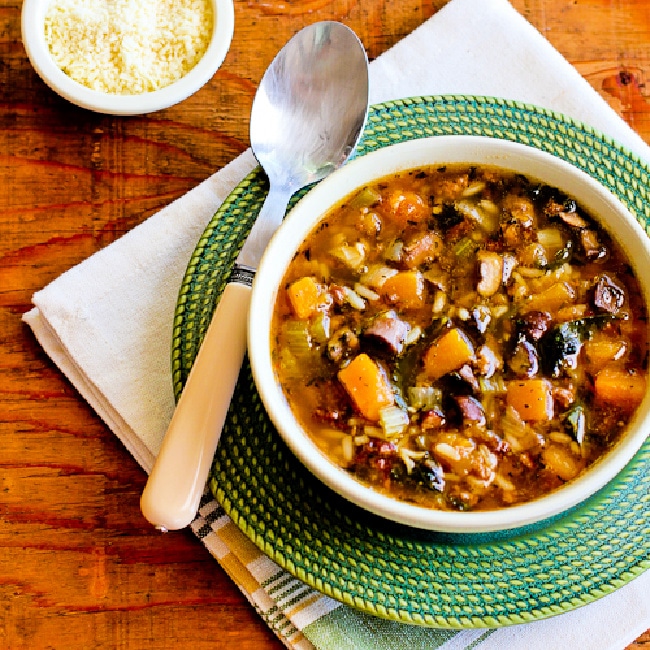 Turkey Soup with Rice, Kale, Mushrooms, and Butternut Squash square image of finished soup