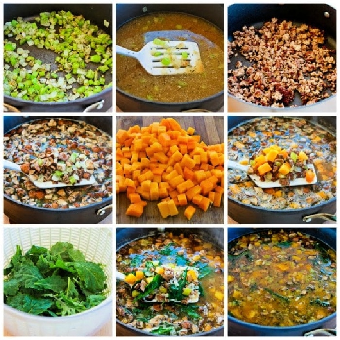 Turkey Soup with Rice, Kale, Mushrooms, and Butternut Squash process shots collage