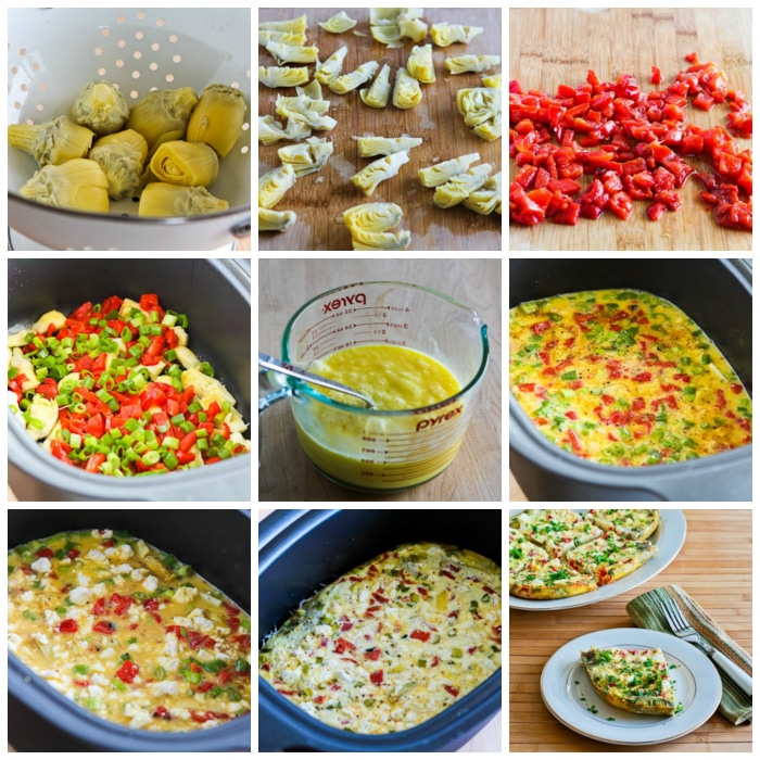 Slow Cooker Frittata with Artichoke Hearts, Red Pepper, and Feta process shots collage