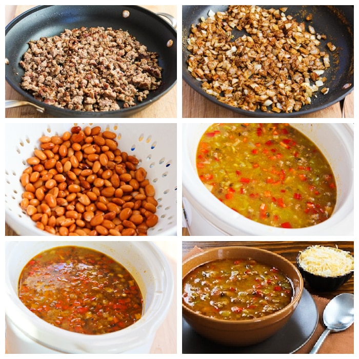 Slow Cooker Soup with Turkey, Pinto Beans, Peppers, and Chiles process shots collage