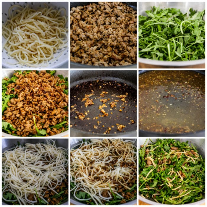 Spaghetti with Sausage and Arugula with Palmini Pasta, process shots collage