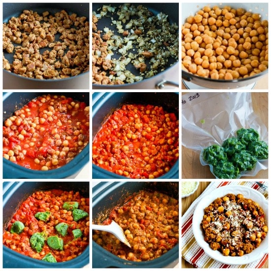 Slow Cooker Chickpea Stew with Italian Sausage, Tomatoes, and Pesto found on KalynsKitchen.com