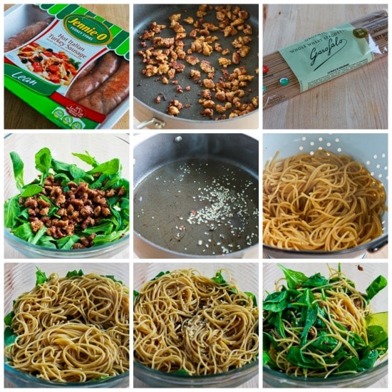 Whole wheat spaghetti with Italian sausage and arugula is found on KalynsKitchen.com
