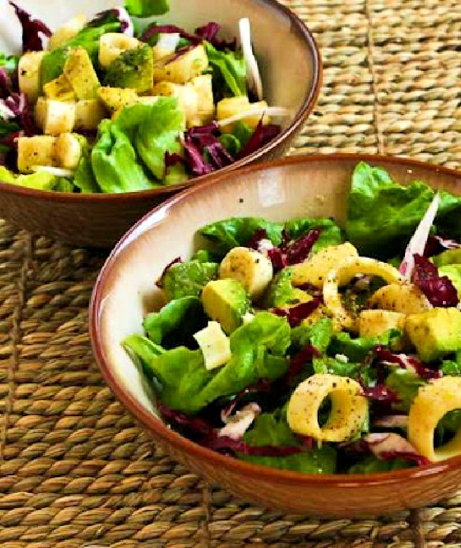Hearts of Palm Salad with Avocado and Radicchio shown in two salad bowls