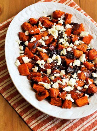 Roasted Sweet Potatoes and Red Onions with Feta finished dish on serving plate
