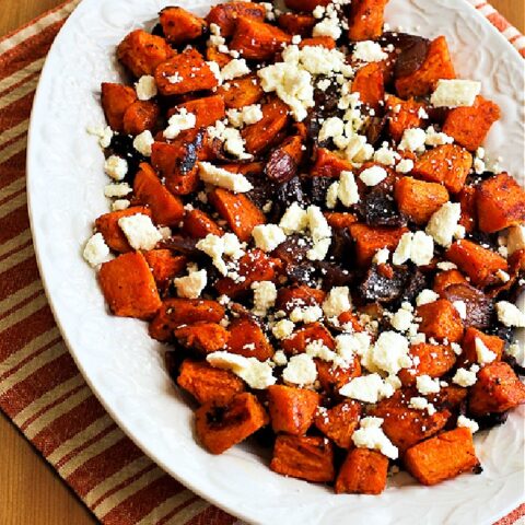 Roasted Sweet Potatoes and Red Onions with Feta finished dish on serving plate