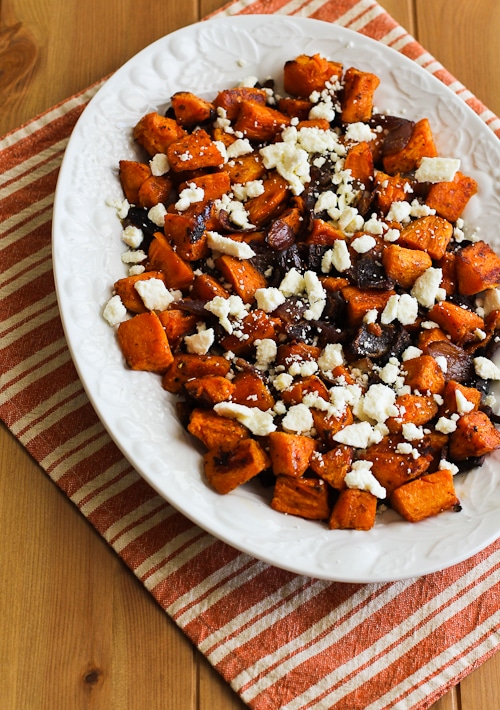 Roasted Sweet Potatoes with Feta shown on serving plate