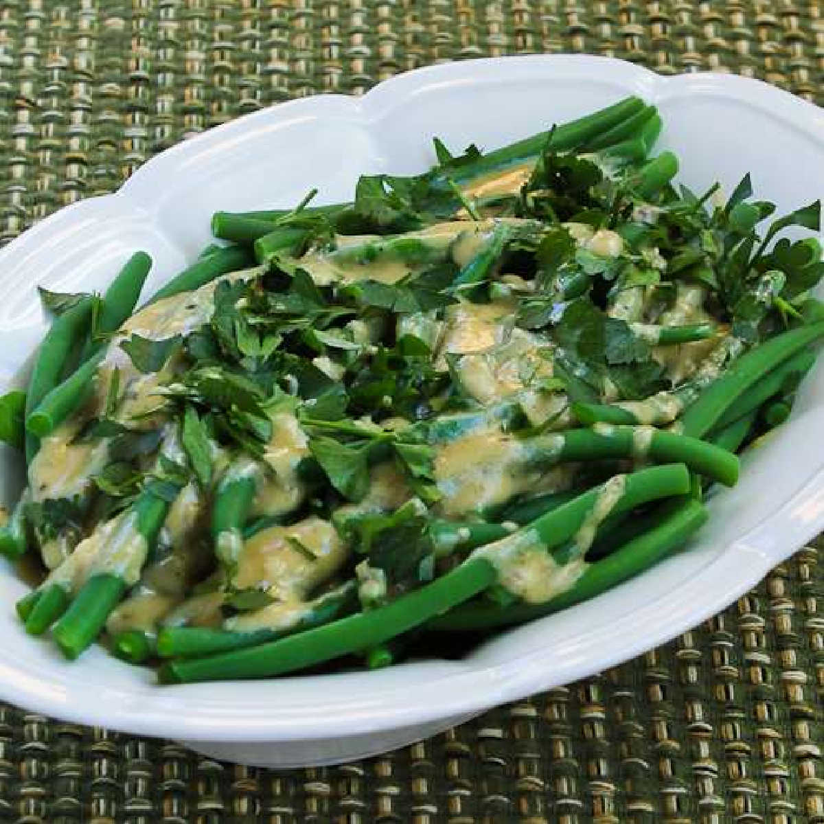Green Beans with Tahini and Lemon close-up of green beans in serving bowl