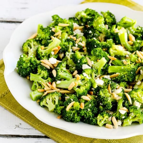 Barely-Blanched Broccoli Salad with Feta and Fried Almonds found on KalynsKitchen.com
