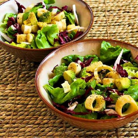 Hearts of Palm Salad with Avocado and Radicchio finished salad in serving bowls
