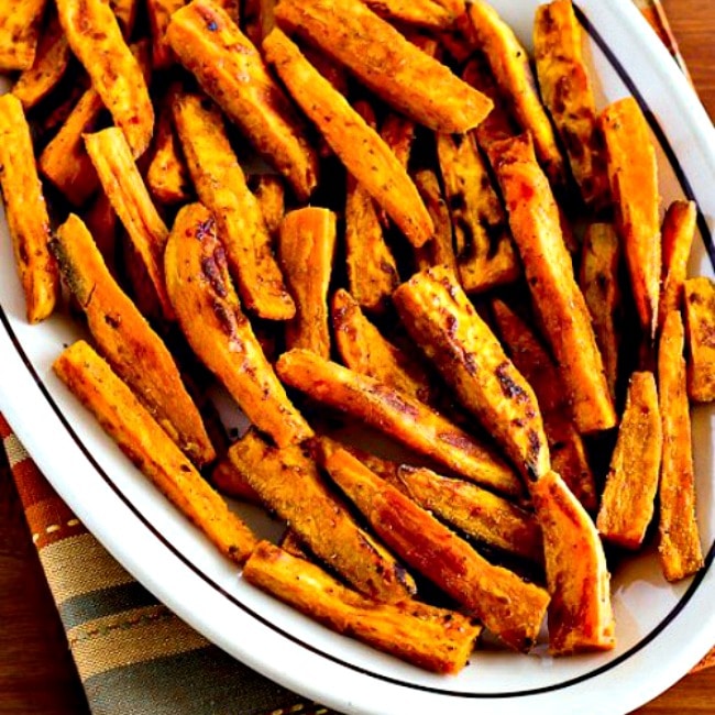 Spicy Baked Sweet Potato Fries square thumbnail image of sweet potato fries on plate