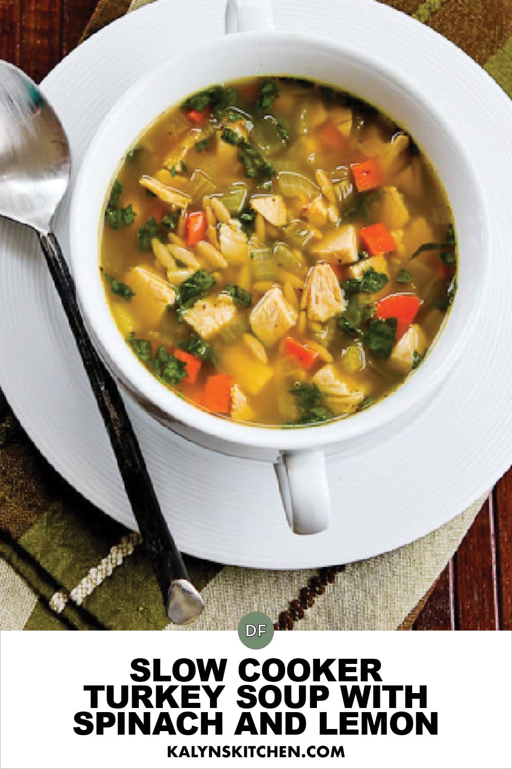 Pinterest image of Slow Cooker Turkey Soup with Spinach and Lemon