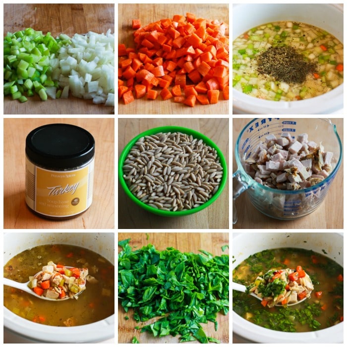 Slow Cooker Turkey Soup with Spinach and Lemon process shots collage