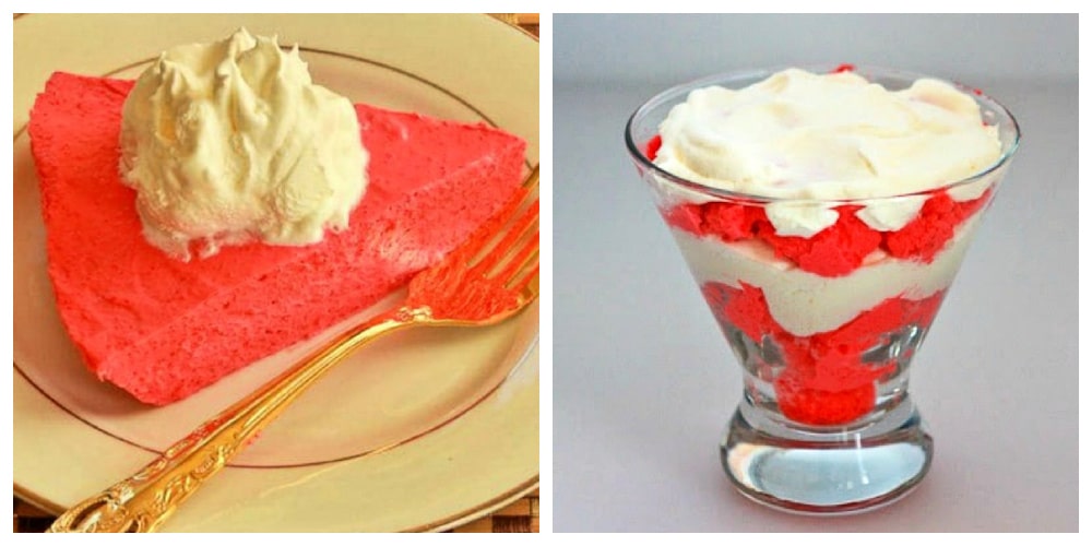 Sugar-Free Jello Yogurt Pie collage showing raspberry flavor and pie layered into parfait glass with whipped cream.