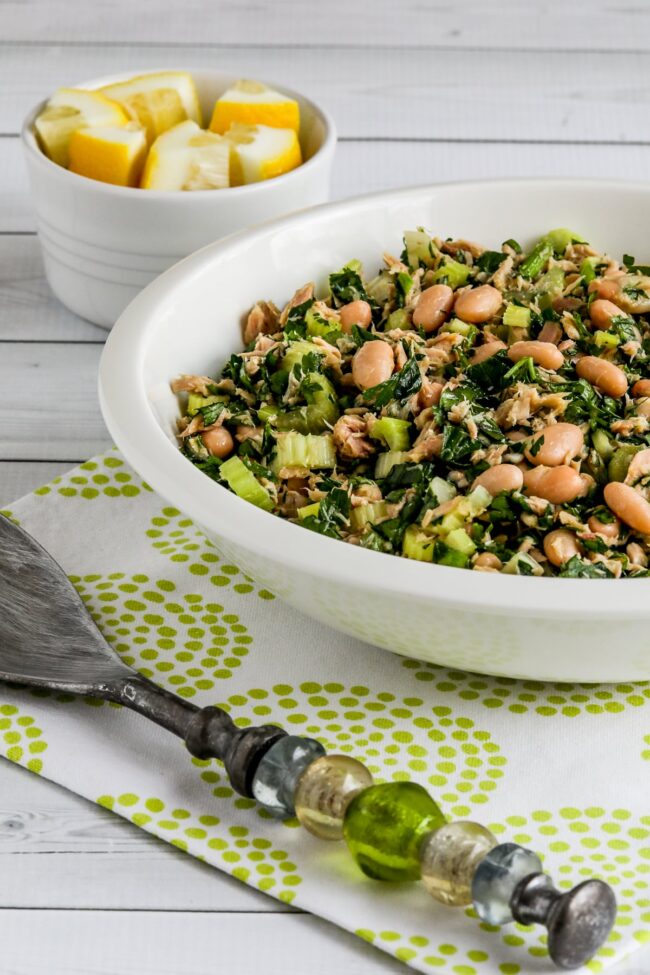 Tuna White Bean Salad in serving bowl with salad spoon