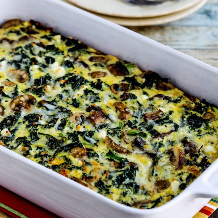 Kale, Mushroom, and Cheese Breakfast Casserole finished casserole in baking dish