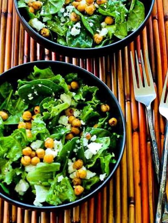 Leafy Greens Salad with Chickpeas, Feta, and Sumac Dressing found on KalynsKitchen.com