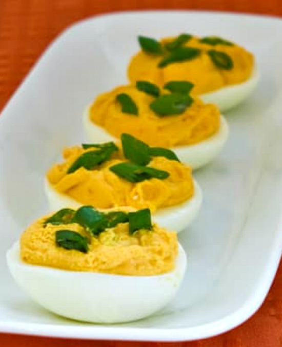 Sriracha Deviled Eggs found on KalynsKitchen.com