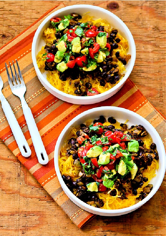 Spaghetti Squash Black Bean Mexican Bowl finished bowls being served