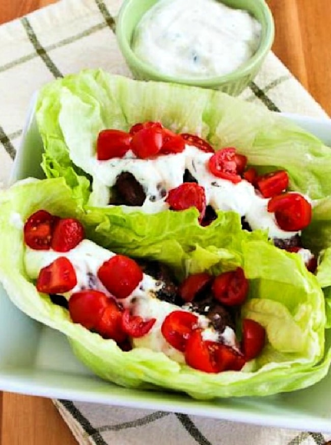 Ground Beef Gyro Meatball Lettuce Wraps finished lettuce wraps in serving dish