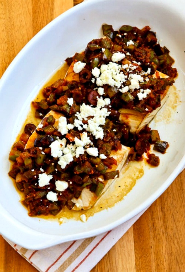 Mahi Mahi with Mediterranean Salsa and Feta finished dish