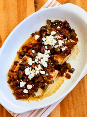 Square image for Pan Seared Mahi Mahi with Mediterranean Salsa  shown on serving plate.